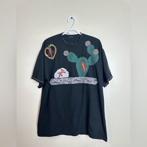 Vintage Applique Shirt L/XL – Southwestern Cactus & Lizard Design, Handmade Look